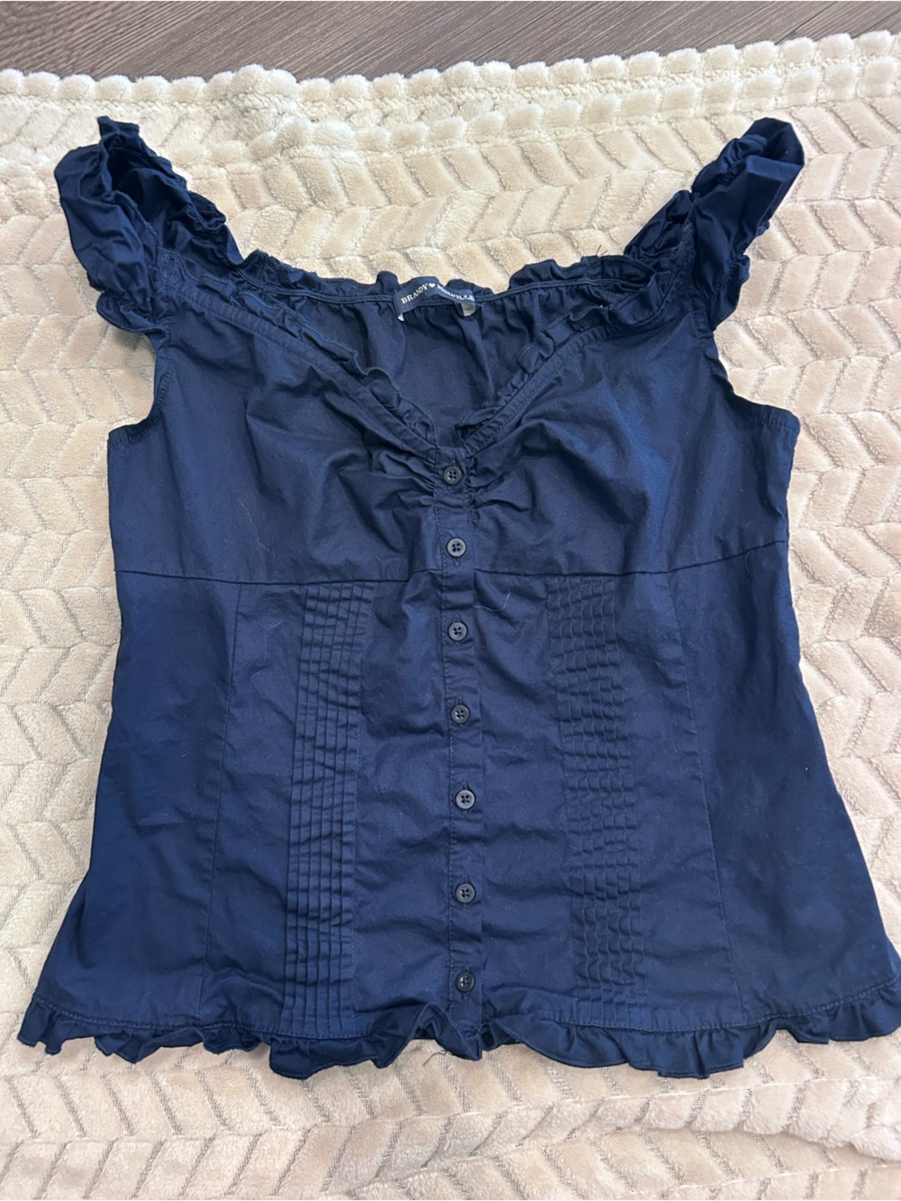 Brandy Melville Women's Navy Ruffle Button-Front Top